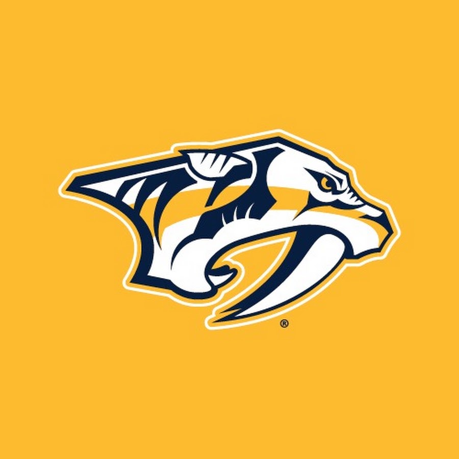 Nashville Predators logo featuring a stylized saber-toothed cat head in navy, white, and gold on yellow background