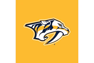 Nashville Predators logo featuring a stylized saber-toothed cat head in navy, white, and gold on yellow background