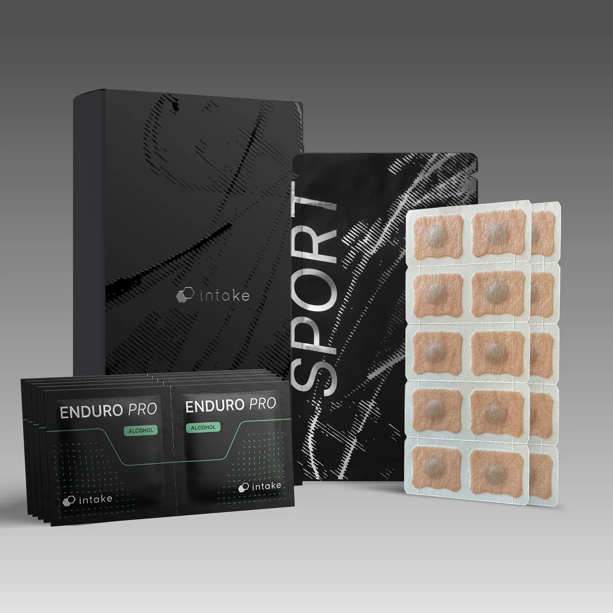 Intake Enduro Pro sport supplement product set with black packaging boxes and tan-colored sachets displayed