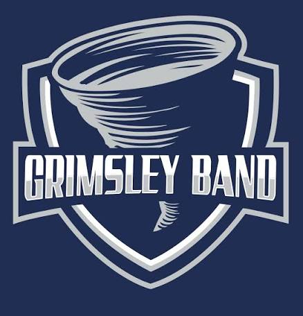 Grimsley Band logo featuring a tornado symbol on a navy shield with white text