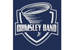 Grimsley Band logo featuring a tornado symbol on a navy shield with white text