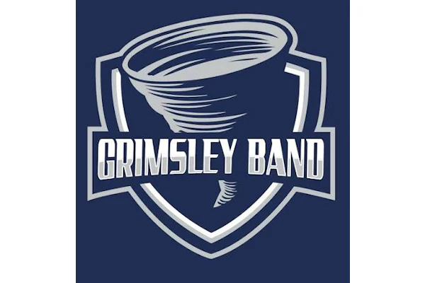 Grimsley Band logo featuring a tornado symbol on a navy shield with white text