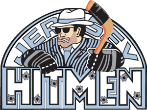 Hitmen logo featuring a man in a fedora and striped shirt holding an axe inside a circular badge design