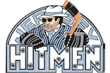 Hitmen logo featuring a man in a fedora and striped shirt holding an axe inside a circular badge design