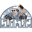 Hitmen logo featuring a man in a fedora and striped shirt holding an axe inside a circular badge design