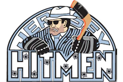 Hitmen logo featuring a man in a fedora and striped shirt holding an axe inside a circular badge design