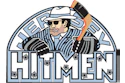 Hitmen logo featuring a man in a fedora and striped shirt holding an axe inside a circular badge design