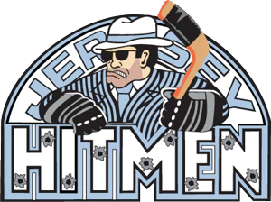 Hitmen logo featuring a man in a fedora and striped shirt holding an axe inside a circular badge design