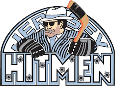 Hitmen logo featuring a man in a fedora and striped shirt holding an axe inside a circular badge design