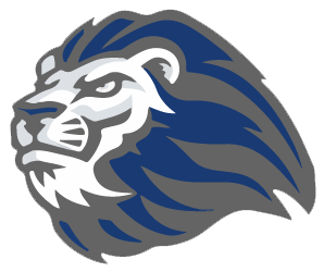 Blue and gray stylized lion head logo with bold lines and geometric design