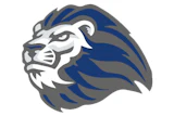 Blue and gray stylized lion head logo with bold lines and geometric design