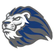 Blue and gray stylized lion head logo with bold lines and geometric design