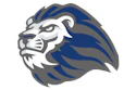 Blue and gray stylized lion head logo with bold lines and geometric design