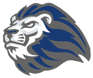 Blue and gray stylized lion head logo with bold lines and geometric design