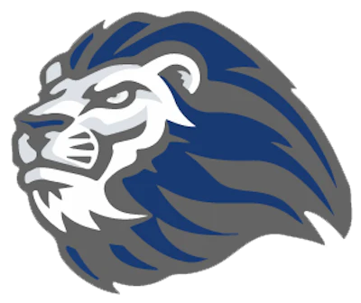 Blue and gray stylized lion head logo with bold lines and geometric design