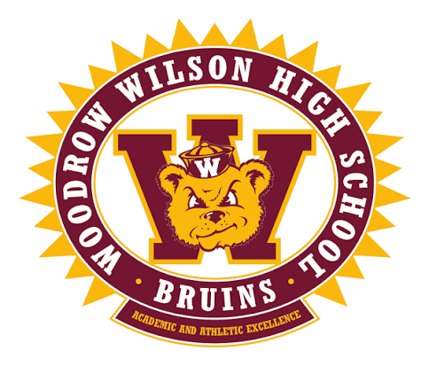 Woodrow Wilson High School Bruins logo featuring maroon W with bear mascot and gold sun-burst seal