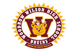 Woodrow Wilson High School Bruins logo featuring maroon W with bear mascot and gold sun-burst seal