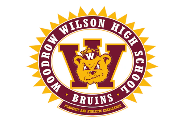 Woodrow Wilson High School Bruins logo featuring maroon W with bear mascot and gold sun-burst seal