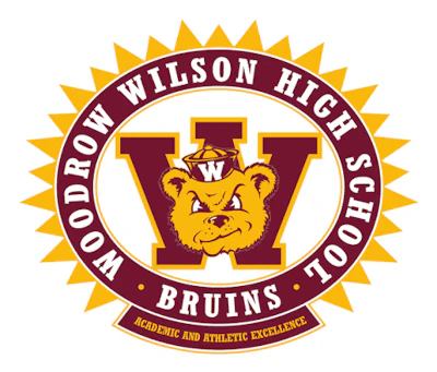 Woodrow Wilson High School Bruins logo featuring maroon W with bear mascot and gold sun-burst seal