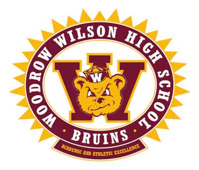 Woodrow Wilson High School Bruins logo featuring maroon W with bear mascot and gold sun-burst seal