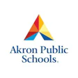 Akron Public Schools logo featuring a colorful geometric triangle with a pinwheel design above navy blue text