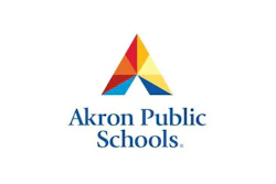 Akron Public Schools logo featuring a colorful geometric triangle with a pinwheel design above navy blue text
