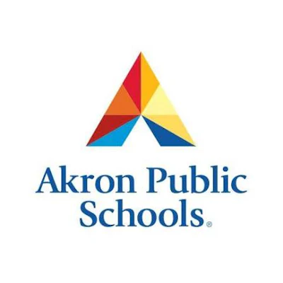 Akron Public Schools logo featuring a colorful geometric triangle with a pinwheel design above navy blue text