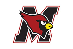 Muncie Cardinals logo featuring a red and black cardinal mascot head integrated with a stylized M letter mark
