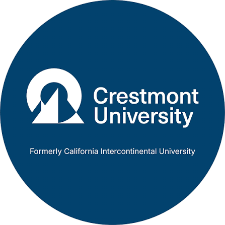 Crestmont University logo featuring a stylized white building icon with dark teal background