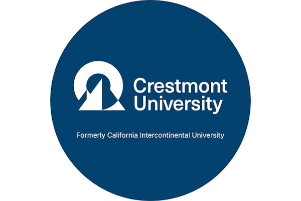 Crestmont University logo featuring a stylized white building icon with dark teal background