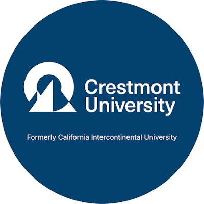 Crestmont University logo featuring a stylized white building icon with dark teal background