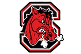 Cornell Big Red bull mascot logo with red head and white horns in octagonal frame