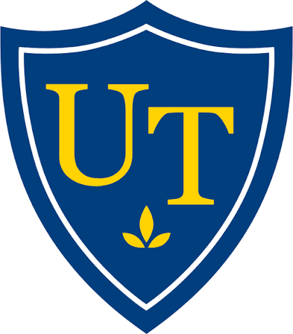 University of Toledo logo featuring gold UT letters and flame symbol on navy blue shield