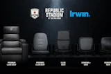Five stadium seat types displayed left to right: Premium Loge Seat, Premium Club Seat, Club Seat, General+ Seat, and General Seat, with Republic Stadium and Irwin branding.