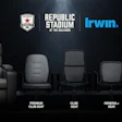 Five stadium seat types displayed left to right: Premium Loge Seat, Premium Club Seat, Club Seat, General+ Seat, and General Seat, with Republic Stadium and Irwin branding.