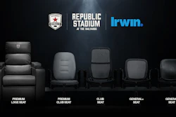 Five stadium seat types displayed left to right: Premium Loge Seat, Premium Club Seat, Club Seat, General+ Seat, and General Seat, with Republic Stadium and Irwin branding.