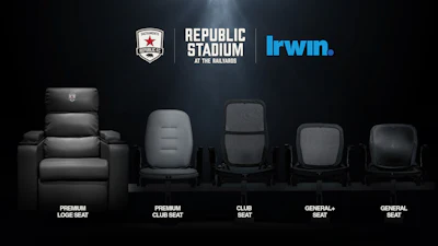 Five stadium seat types displayed left to right: Premium Loge Seat, Premium Club Seat, Club Seat, General+ Seat, and General Seat, with Republic Stadium and Irwin branding.