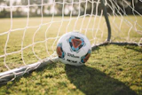 Wilson NCAA soccer ball resting on grass inside a soccer goal net on a sunny field