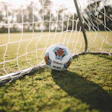 Wilson NCAA soccer ball resting on grass inside a soccer goal net on a sunny field