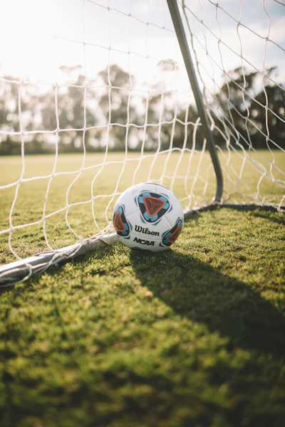 Wilson NCAA soccer ball resting on grass inside a soccer goal net on a sunny field