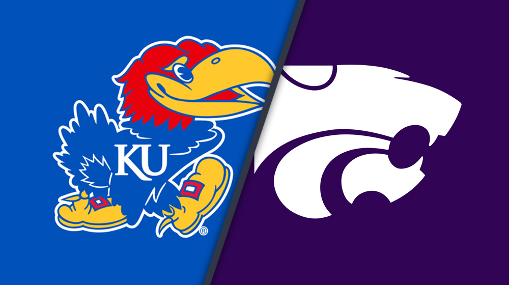 University of Kansas Jayhawk logo in blue and Kansas State University Wildcat logo in purple displayed side-by-side