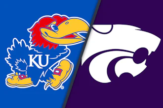 University of Kansas Jayhawk logo in blue and Kansas State University Wildcat logo in purple displayed side-by-side