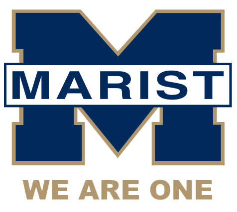 Marist College logo featuring navy M with gold trim, 'MARIST' text, and 'We Are One' tagline
