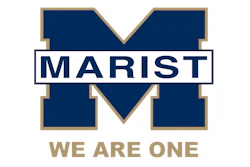 Marist College logo featuring navy M with gold trim, 'MARIST' text, and 'We Are One' tagline