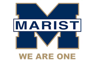 Marist College logo featuring navy M with gold trim, 'MARIST' text, and 'We Are One' tagline
