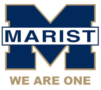 Marist College logo featuring navy M with gold trim, 'MARIST' text, and 'We Are One' tagline