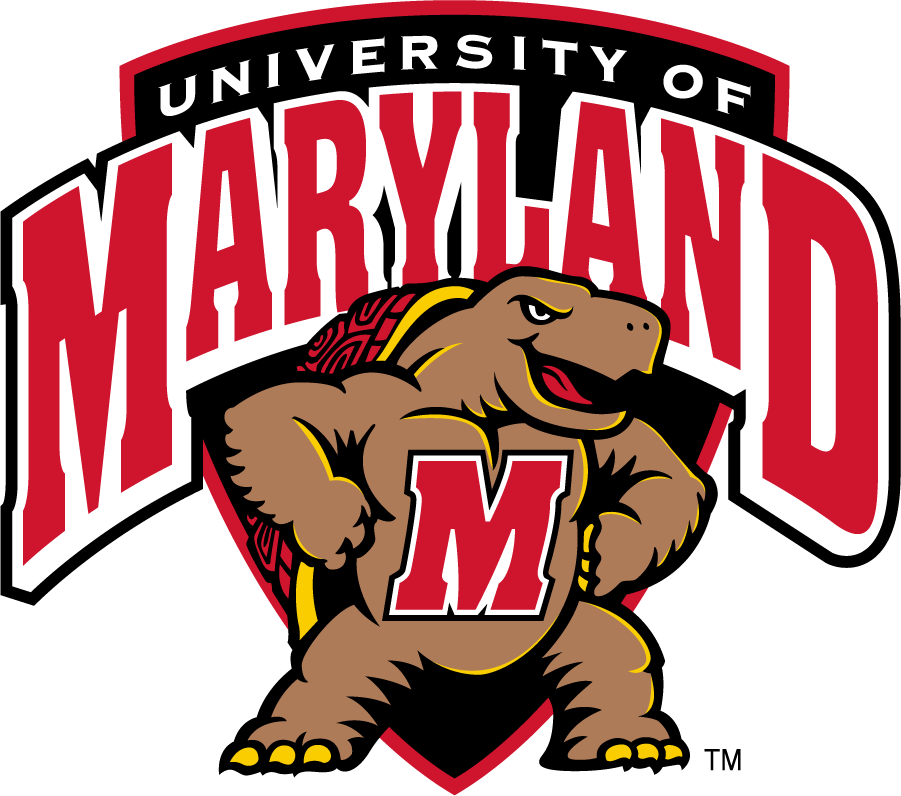 University of Maryland Testudo mascot logo featuring a brown terrapin with red shell and gold accents holding an M shield