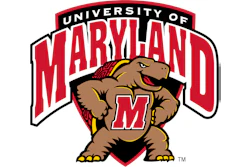 University of Maryland Testudo mascot logo featuring a brown terrapin with red shell and gold accents holding an M shield