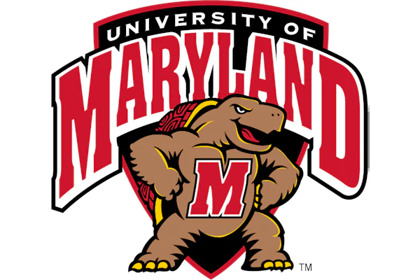 University of Maryland Testudo mascot logo featuring a brown terrapin with red shell and gold accents holding an M shield