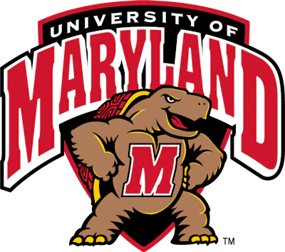 University of Maryland Testudo mascot logo featuring a brown terrapin with red shell and gold accents holding an M shield